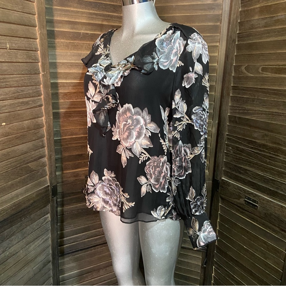 WHBM Silk Boho Floral Blouse Top Long Sleeve Ruffle V Neck Fairy-Goth Size Large - Picture 5 of 8